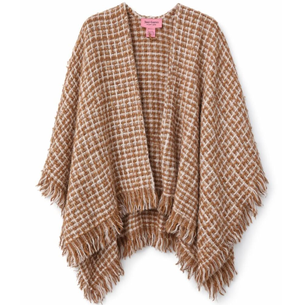 Juicy Couture Tweed Poncho Wrap Fringe Boho Cozy Neutral OS Luxe Casual Chic